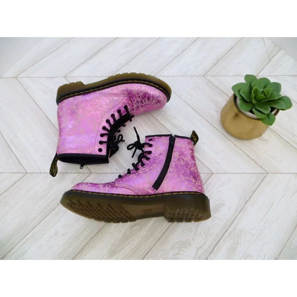 NEW! Dr. Martens Junior 1460 Crinkle Metallic Lace Up Boots Pink SZ 3